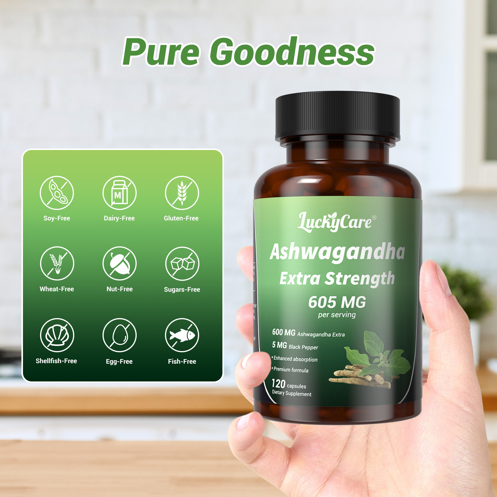Organic Ashwagandha Capsules 605MG with Black Pepper Root Powder 120 Capsules