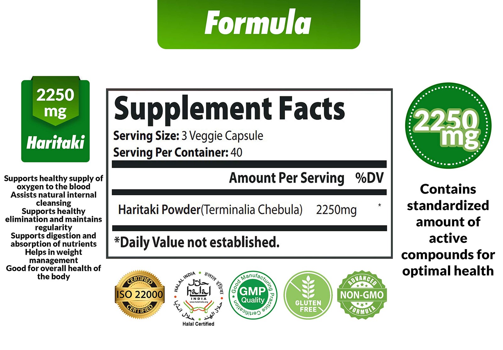 Cona Nature Organic India Haritaki Capsules 2250MG, 120 Count (Pack of 1)