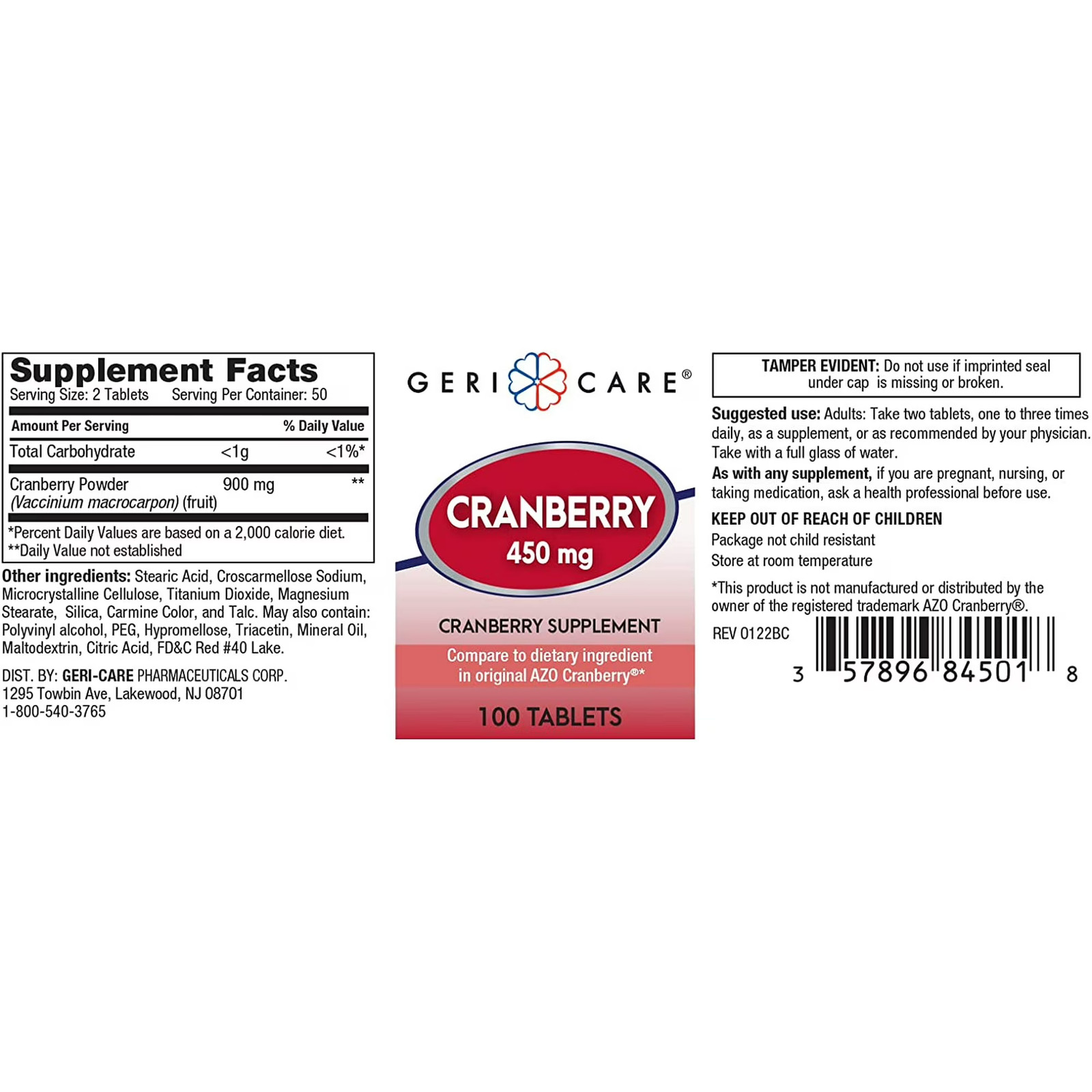 Geri-Care Cranberry Extract Dietary Supplement Tablets 450mg Strength 100 Ct 3PK