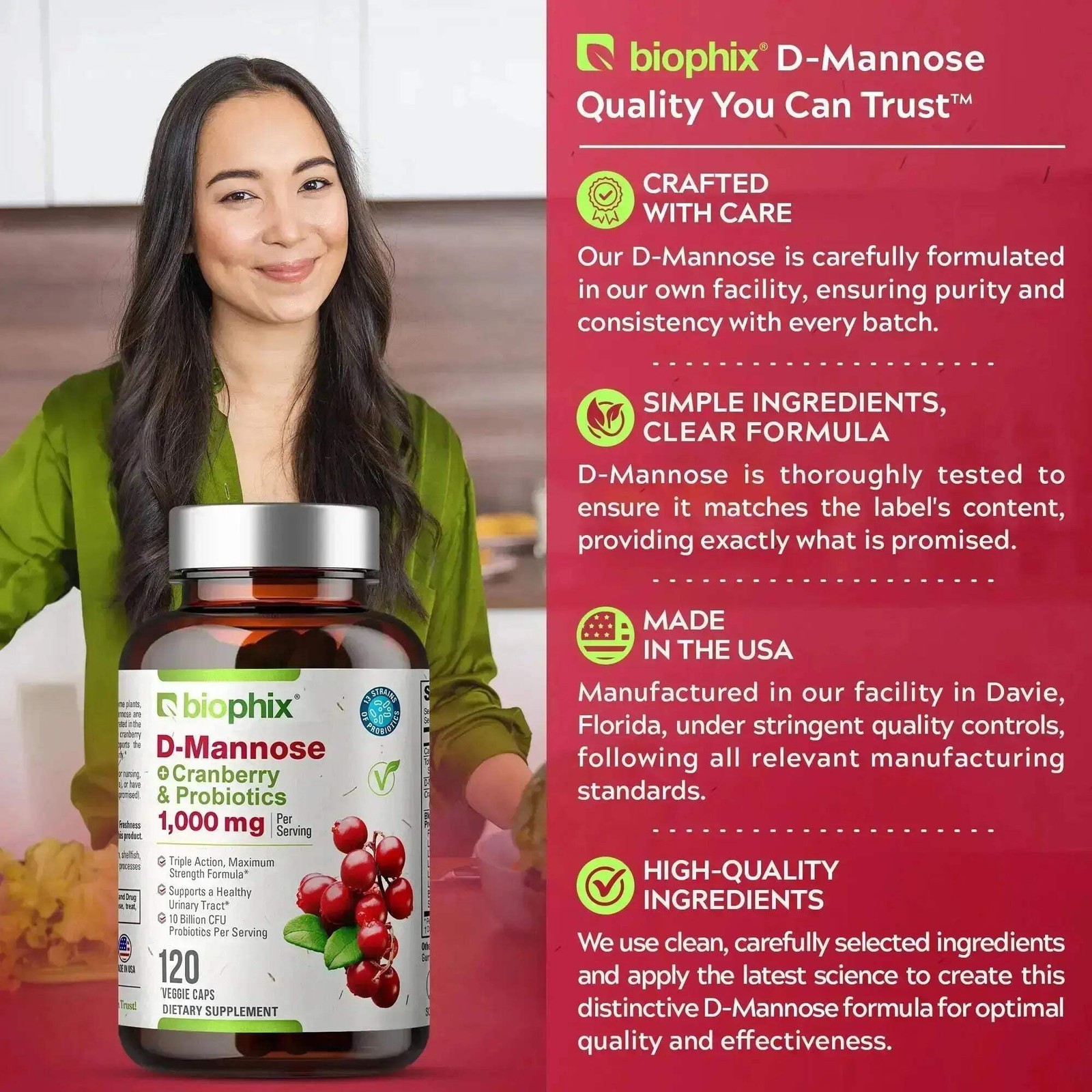 Biophix D-Mannose Plus Cranberry and Probiotics 1000 mg 120 Vcaps 2 Pack
