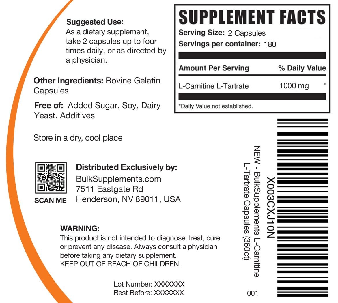 BulkSupplements.com L-Carnitine L-Tartrate Capsules – 360 Count (Pack of 1)