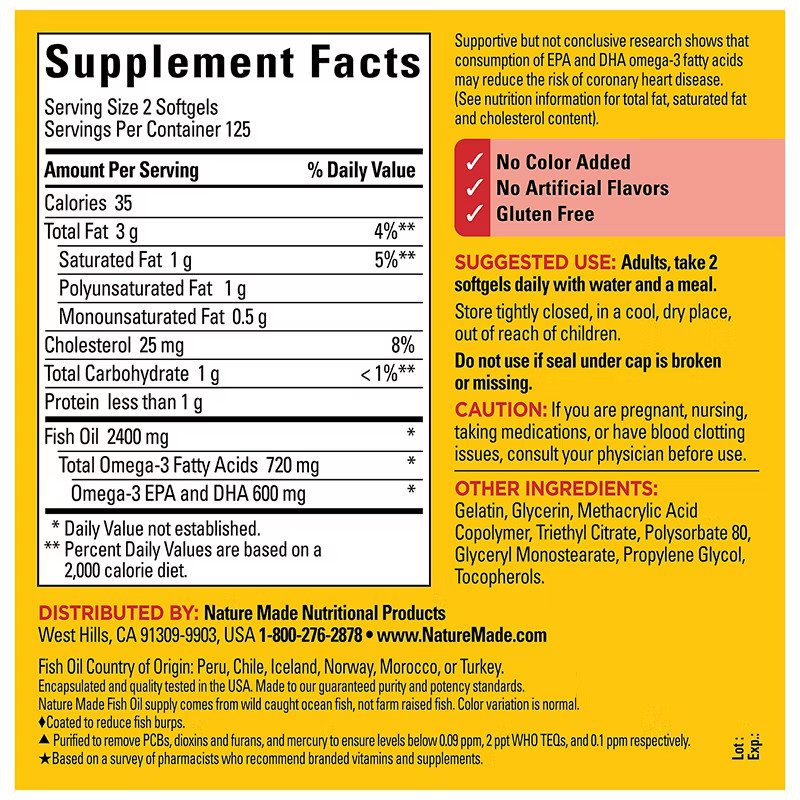 Nature Made Burp Less Fish Oil 1200mg 250 Softgels Omega 3 EXP-8/27