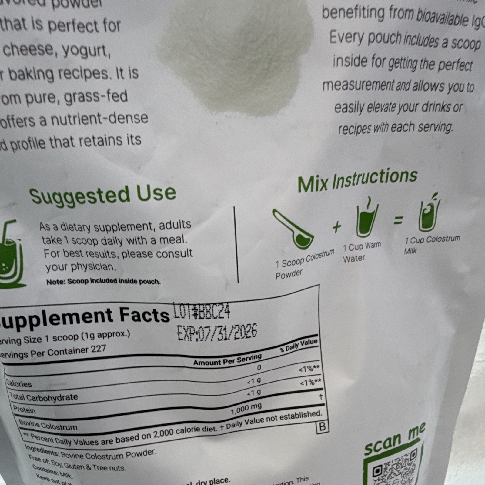 Micro Ingredients Bovine Colostrum Powder Unflavored Grass Fed 8 oz 07/2026