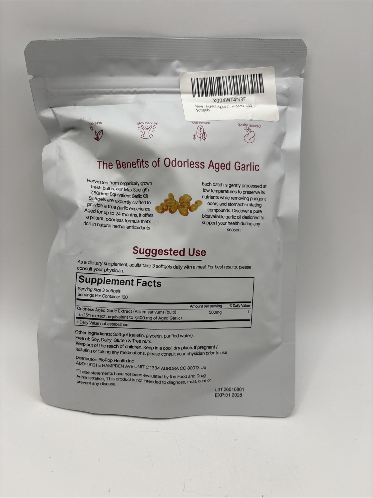 Elaré Odorless Aged Garlic Extract 7500 mg 150 Softgels GMO-Free Gluten-Free