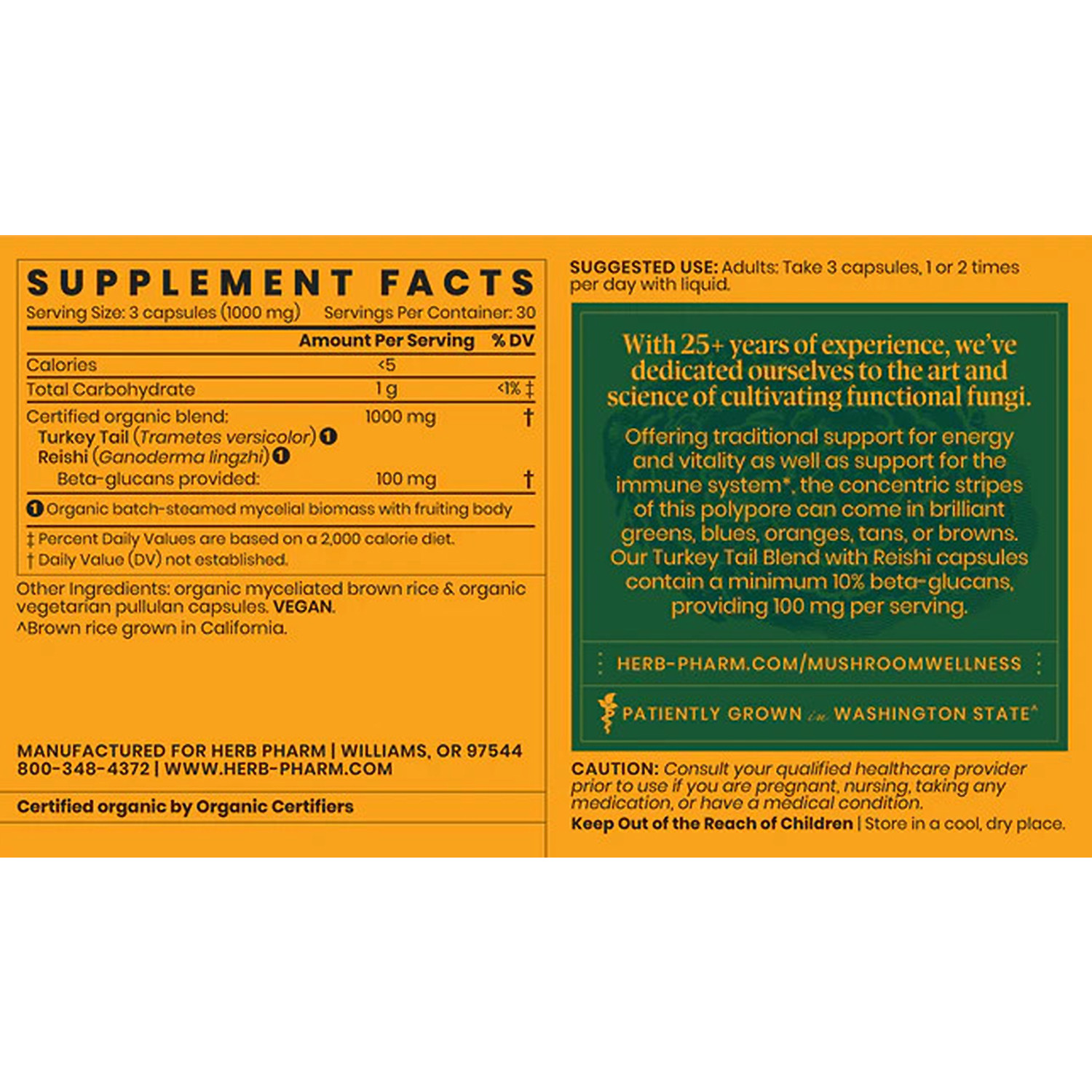Herb Pharm,Mushroom Wellness Organic Turkey Tail Blend with Reishi,90Veg Caps