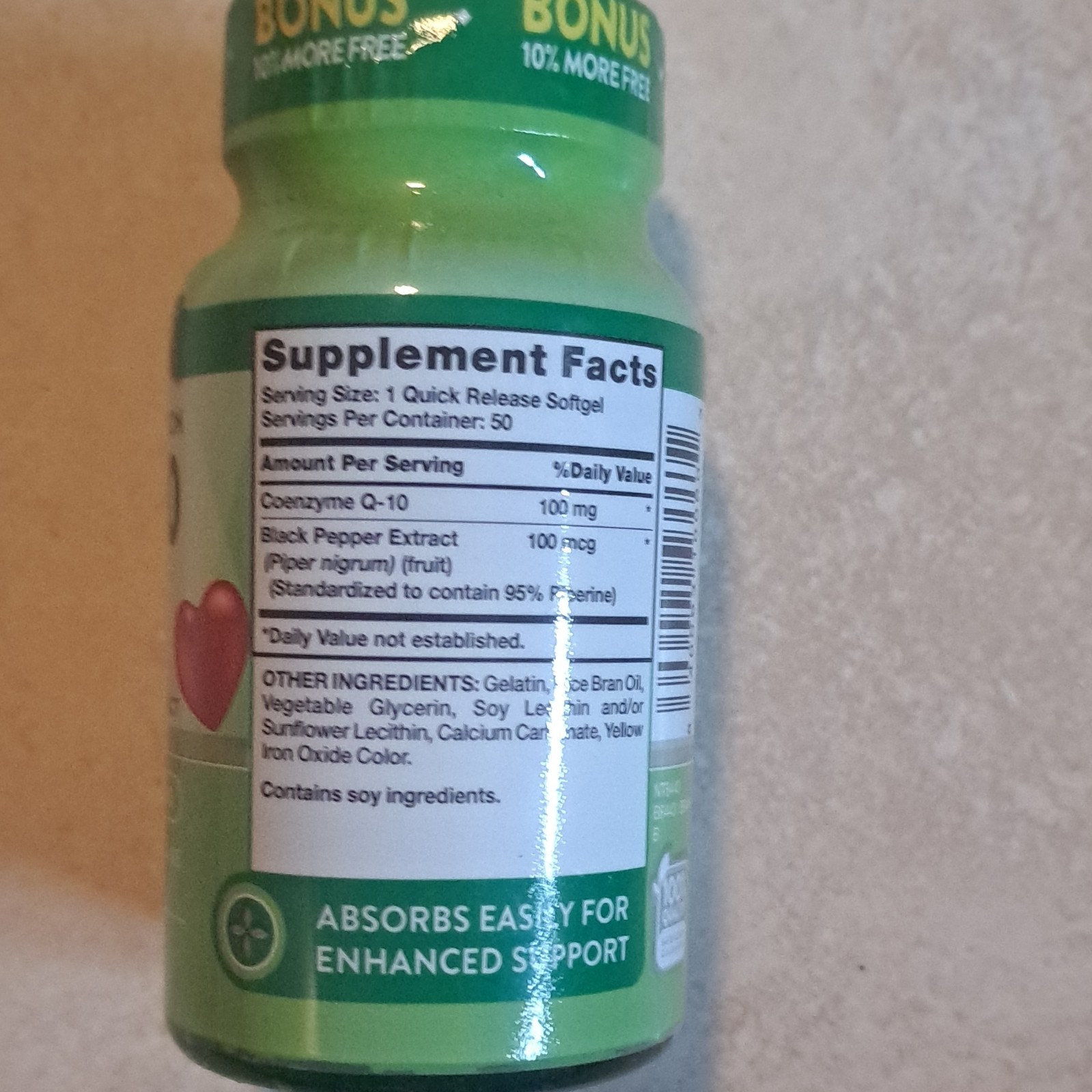 Nature’s Truth CoQ-10 100mg Black Pepper Extract 50 Softgels Non-GMO Gluten-Free