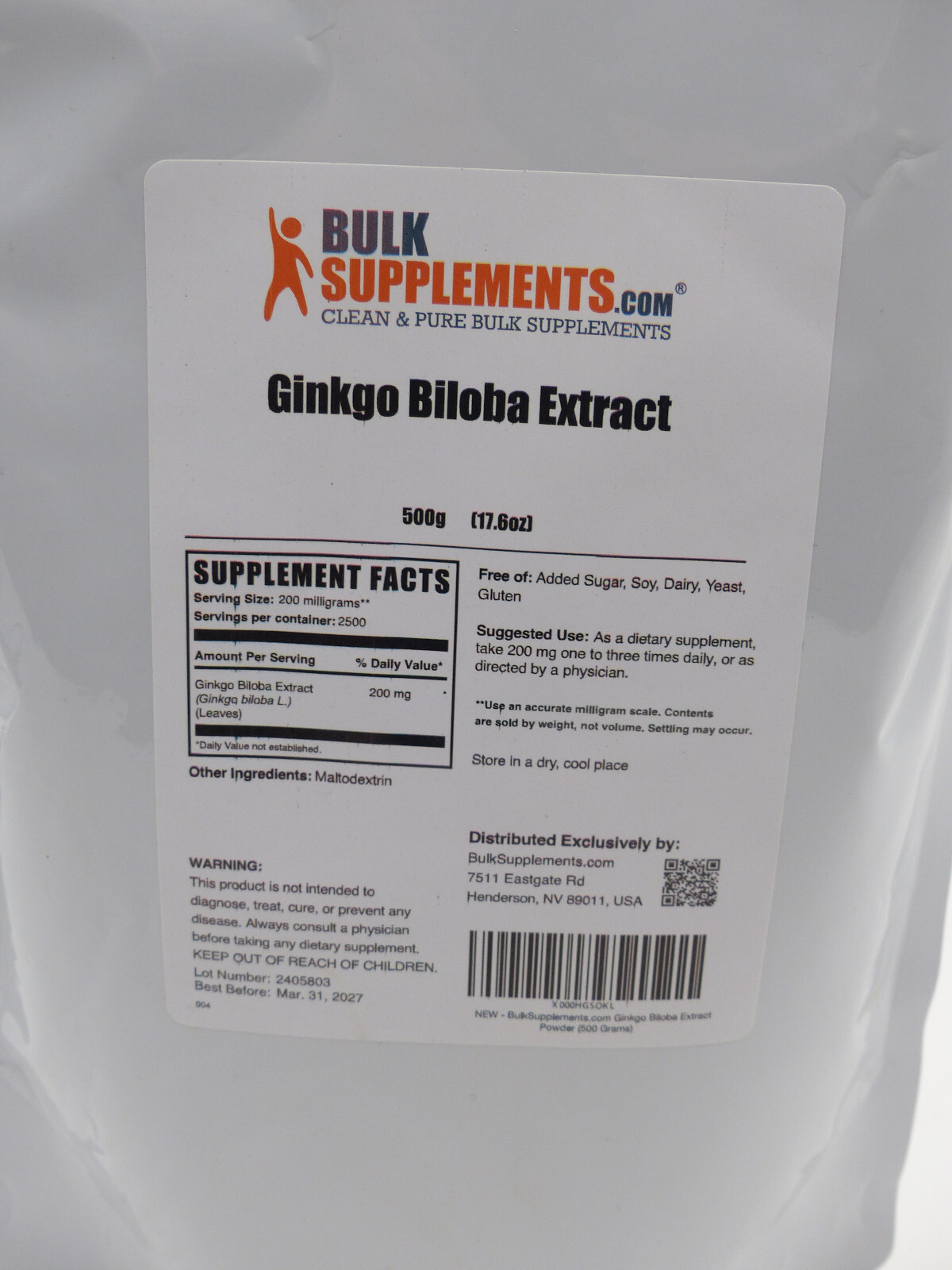 BulkSupplements Ginkgo Biloba Extract Powder – 200 mg Per Serving