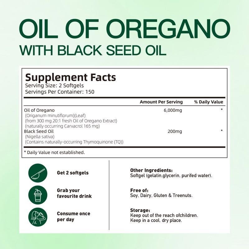 High Potency Oil of Oregano Black Seed Oil , 300ct Pure Organic Softgels , Antio