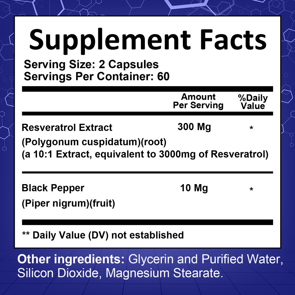 Resveratrol 3000mg Supplement for Heart,Skin & Healthy Aging, 30/60/120 Capsules