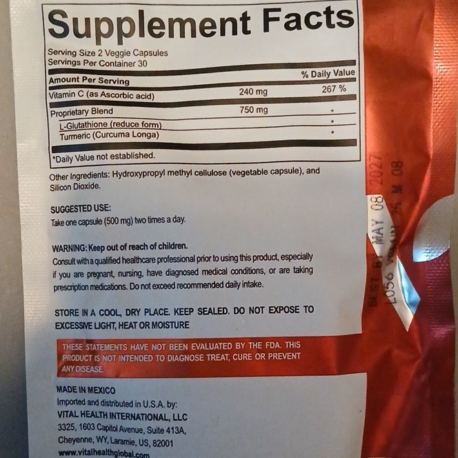 VitalHealth L-Glutathione Vitamin C Turmeric Non-GMO 60 Capsules Supplement