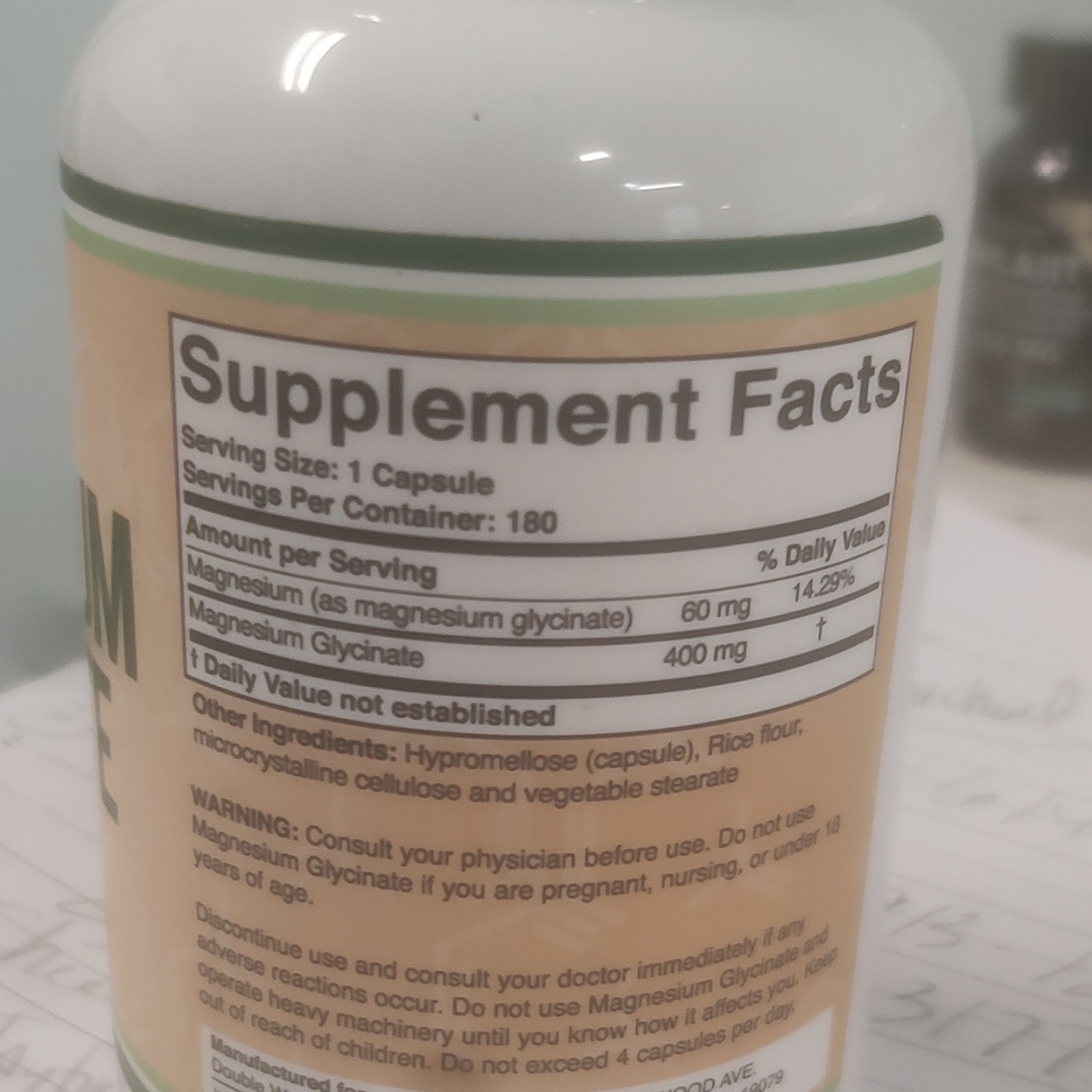 Double Wood Supplements Magnesium Glycinate 400mg 180 Veggie Capsules