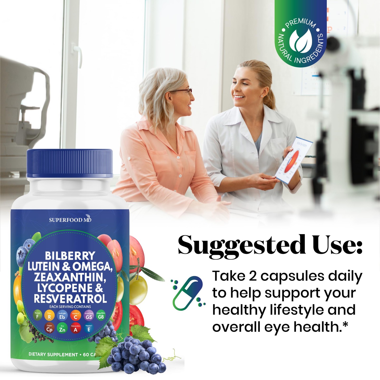 Superfood MD Eye Health Vitamins with Bilberry Lutein Zeaxanthin Lycopene 40…