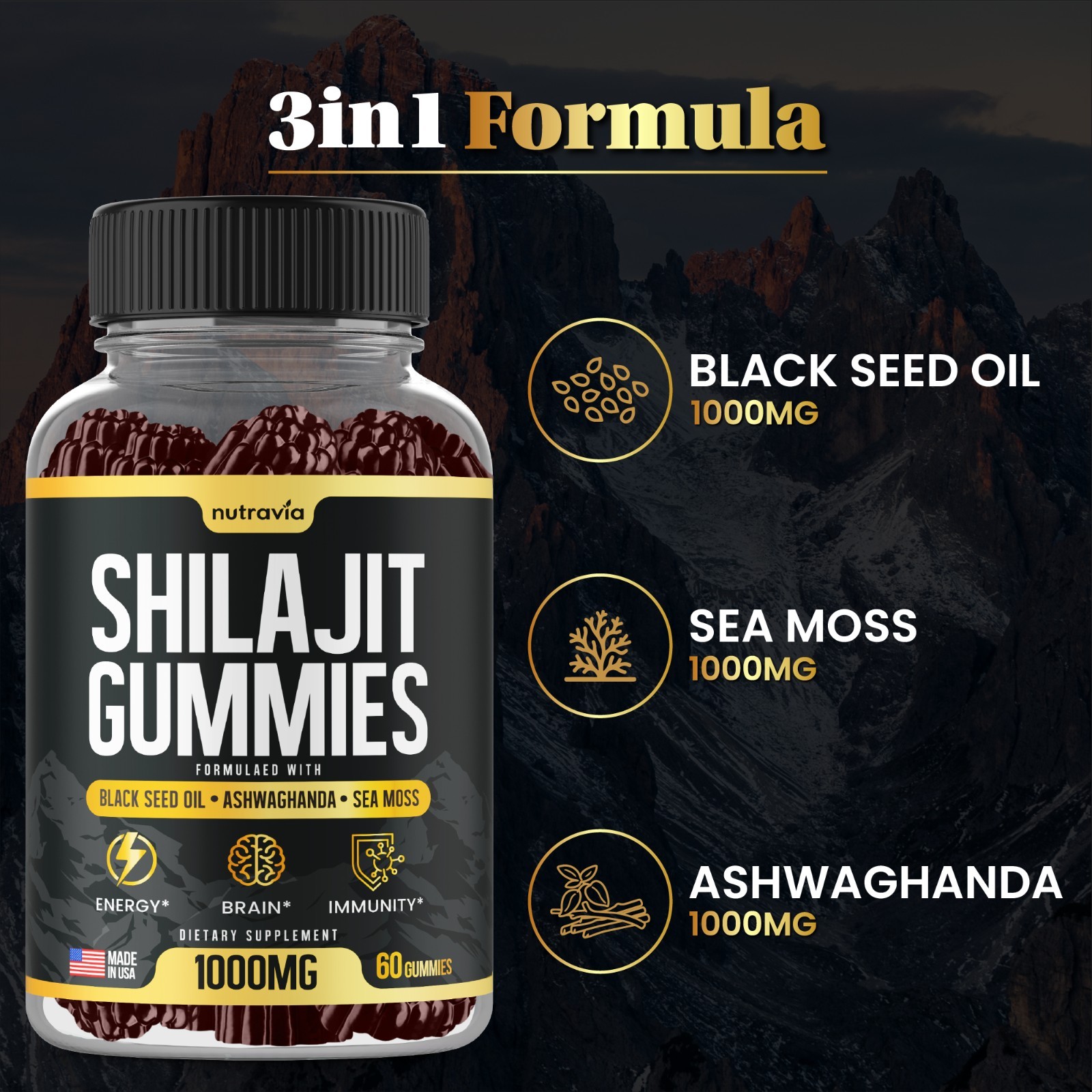 Shilajit Gummies – 3 in 1 with Sea Moss, Black Seed Oil, Ashwagandha Gummies