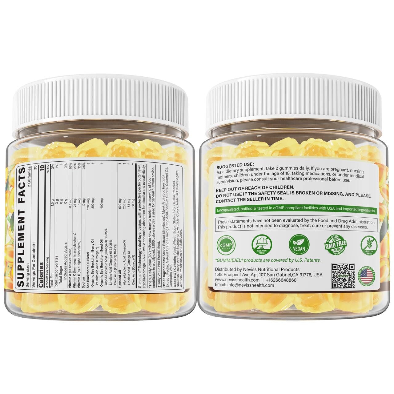 Neviss Omega 3-6-7-9 Gummies Organic Sea Buckthorn Oil Oil 500Mg Vegan Omega 7