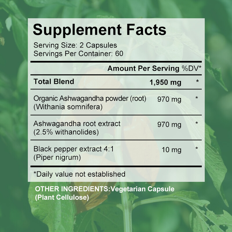 Organic Ashwagandha Capsules 1950mg 30 To 120 Capsules with Black Pepper