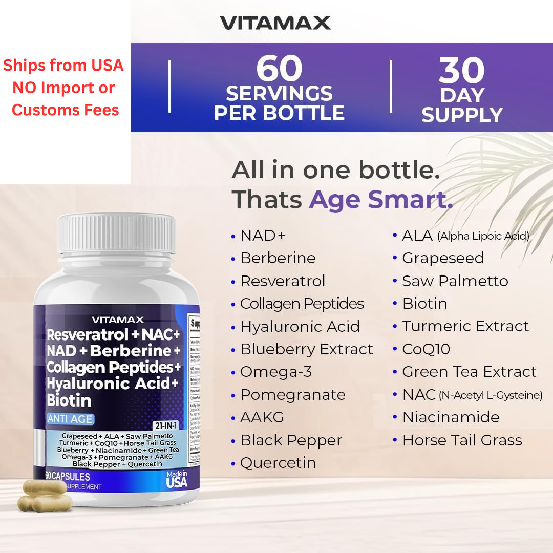 Vitamax Resveratrol NAD+ Berberine Hyaluronic Acid – 60 Count (Pack of 2)