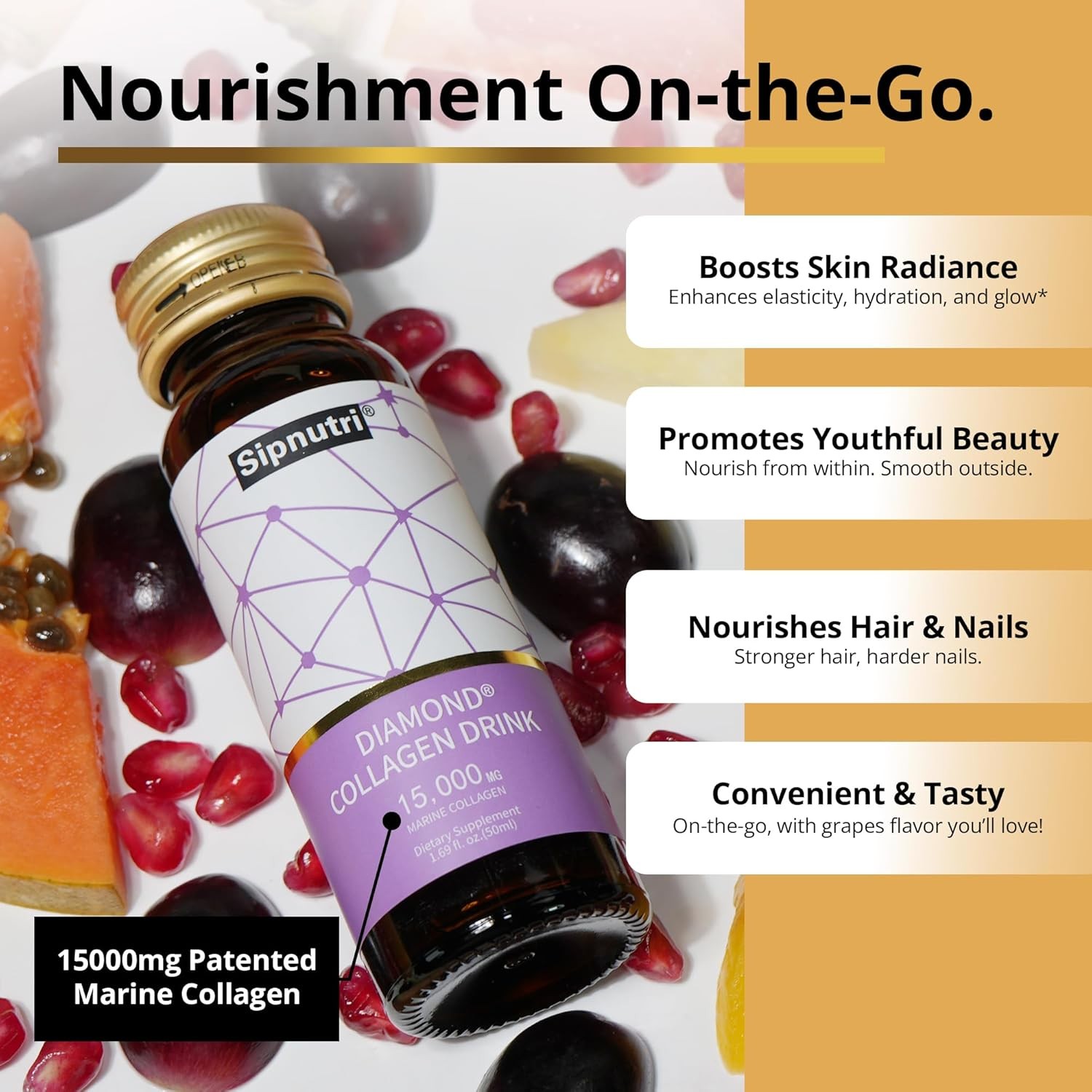 Marine Collagen Peptides Liquid 15g for Women and Men 10 Bottles, Grape Flavor
