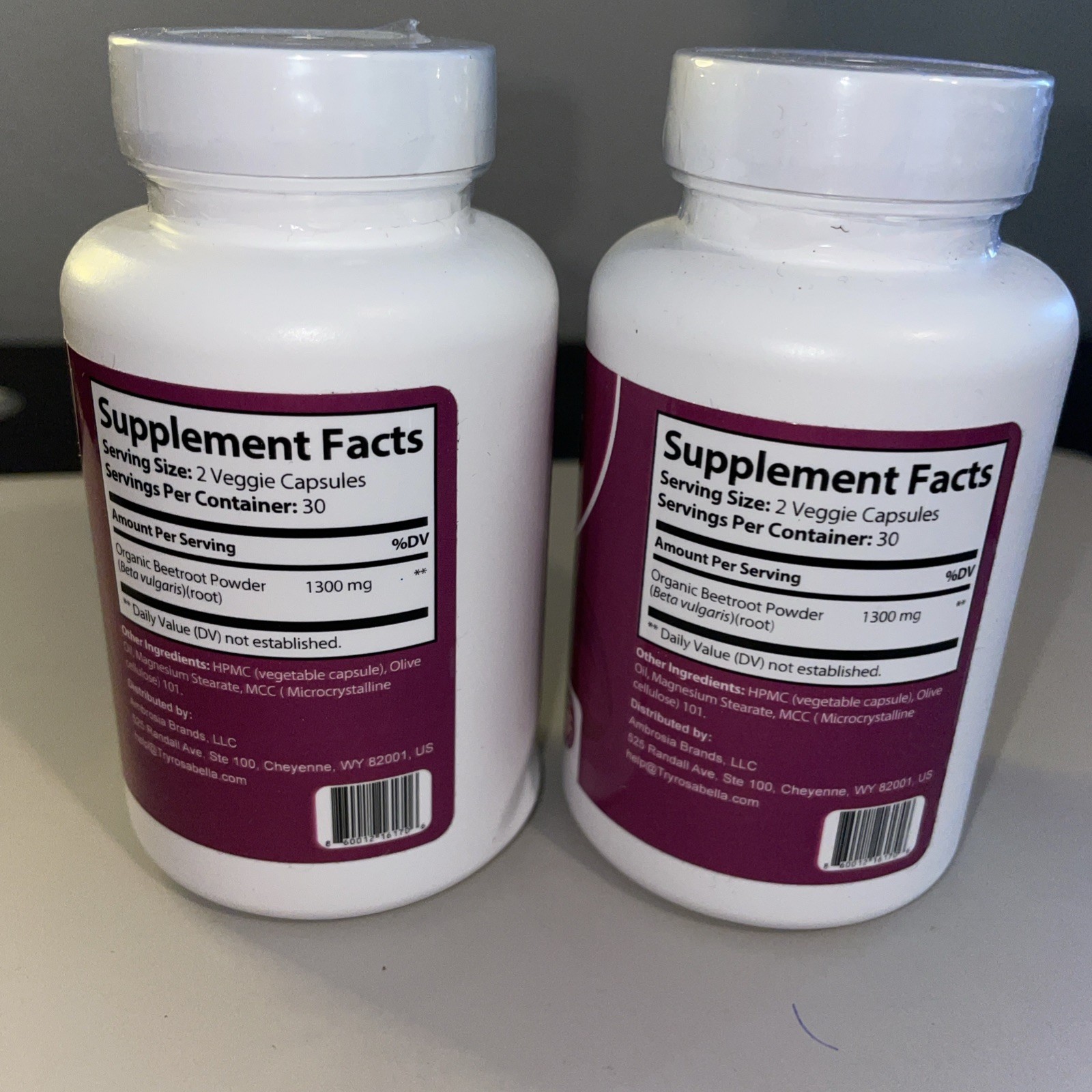 SET OF 2 Rosabella Organic Beetroot 1300mg Dietary Supplement 120 Veggie Caps