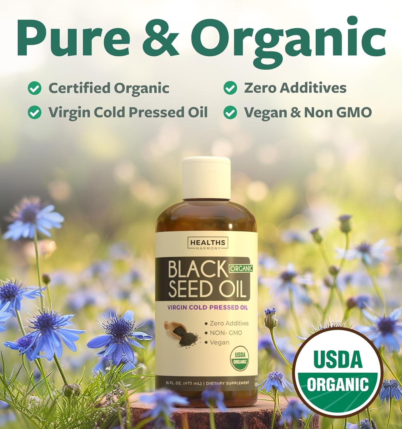 Health’s Harmony USDA Organic Black Seed Oil Liquid 16 floz Premium Cold-Pressed