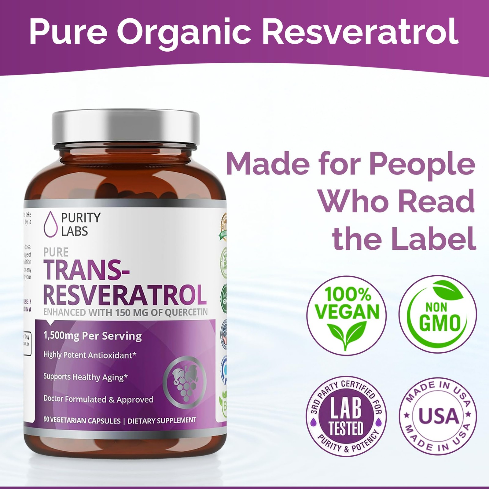 Purity Labs Pure Organic Trans Resveratrol Supplement 90 Count (Pack of 1)