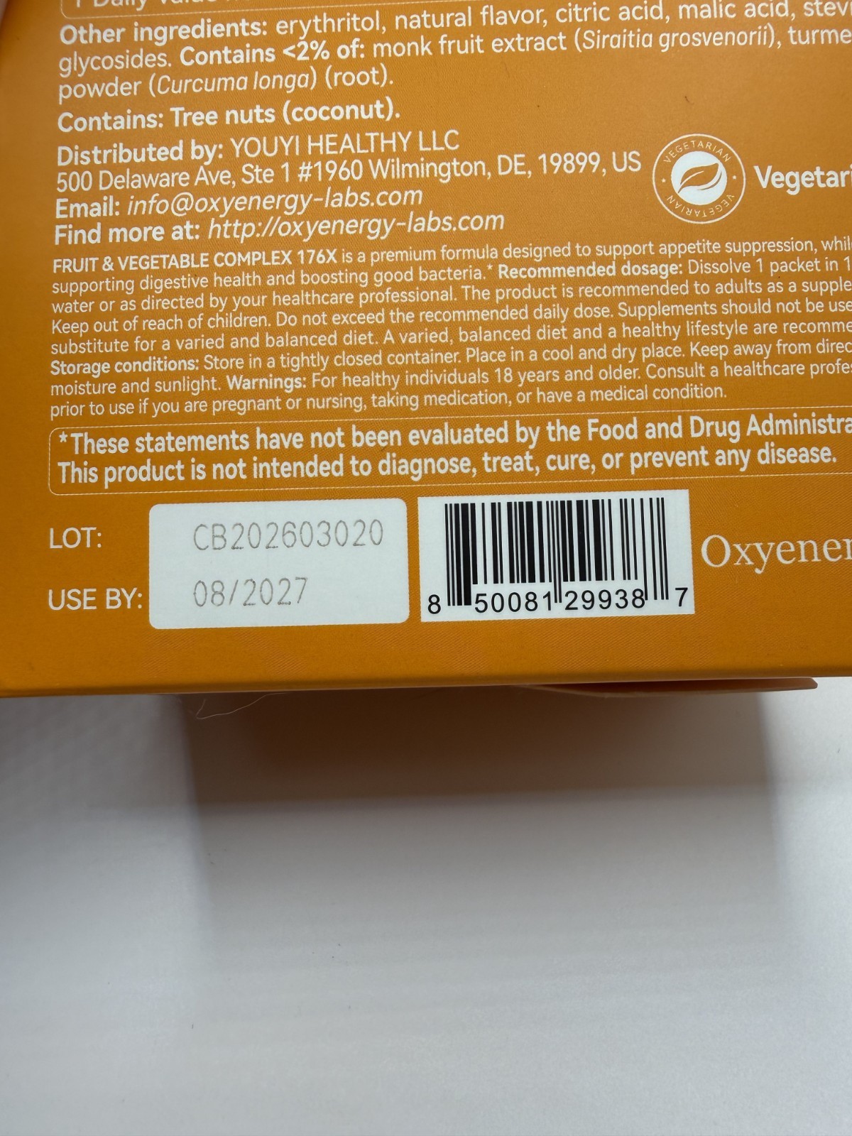 OXYENERGY Fruit & Vegetable Complex 176X Orange Powder Digestive 30 Packets New