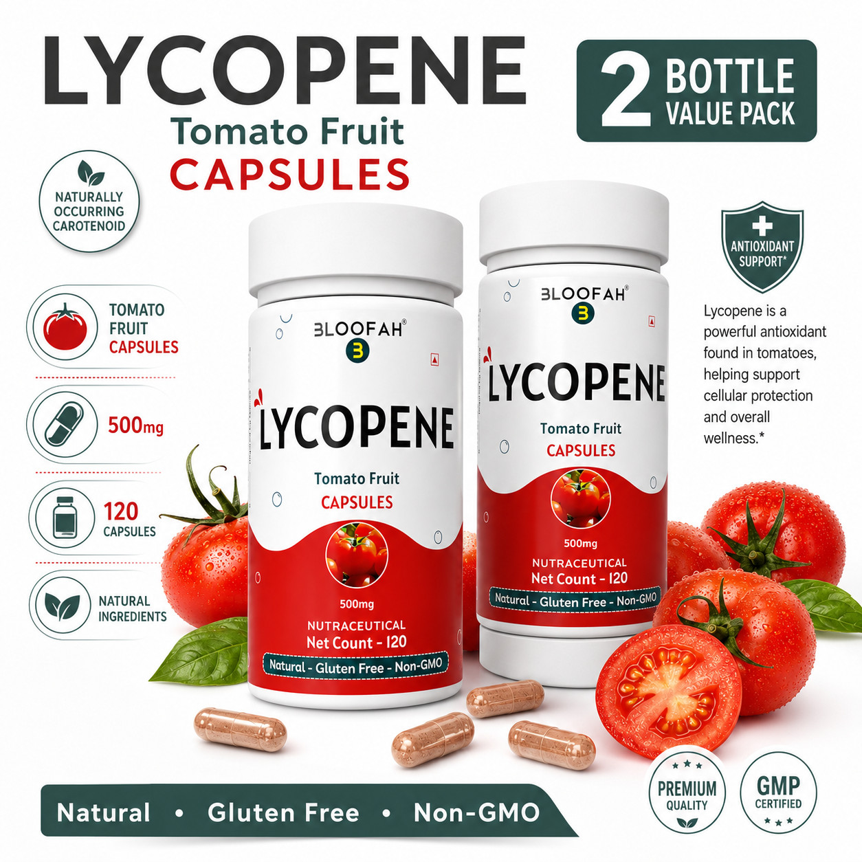 Lycopene 500mg Capsules Tomato Powder Antioxidant Wellness 120 Count Pack 2