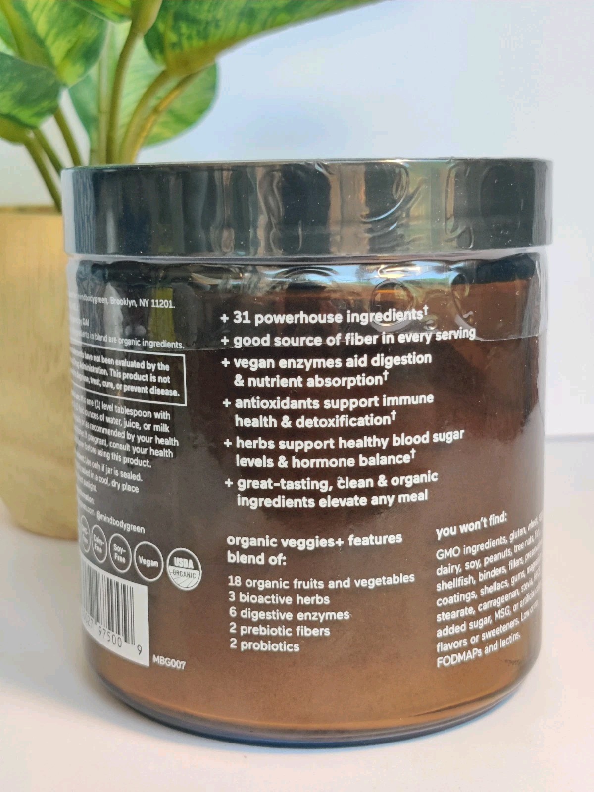 Mindbodygreen Organic Veggies+ Powder 5.78oz Sealed in Glass Jar NEW! Vegan
