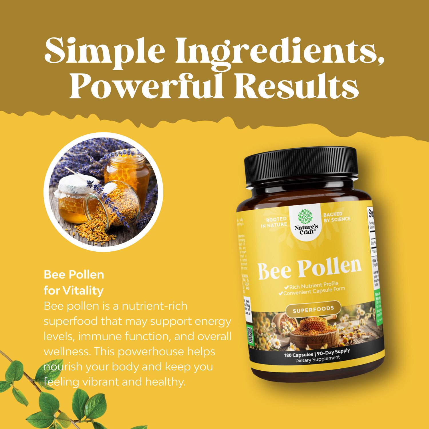Bee Pollen Supplement 1000mg per Serving – Pure Vegetarian Gluten-Free 180ct