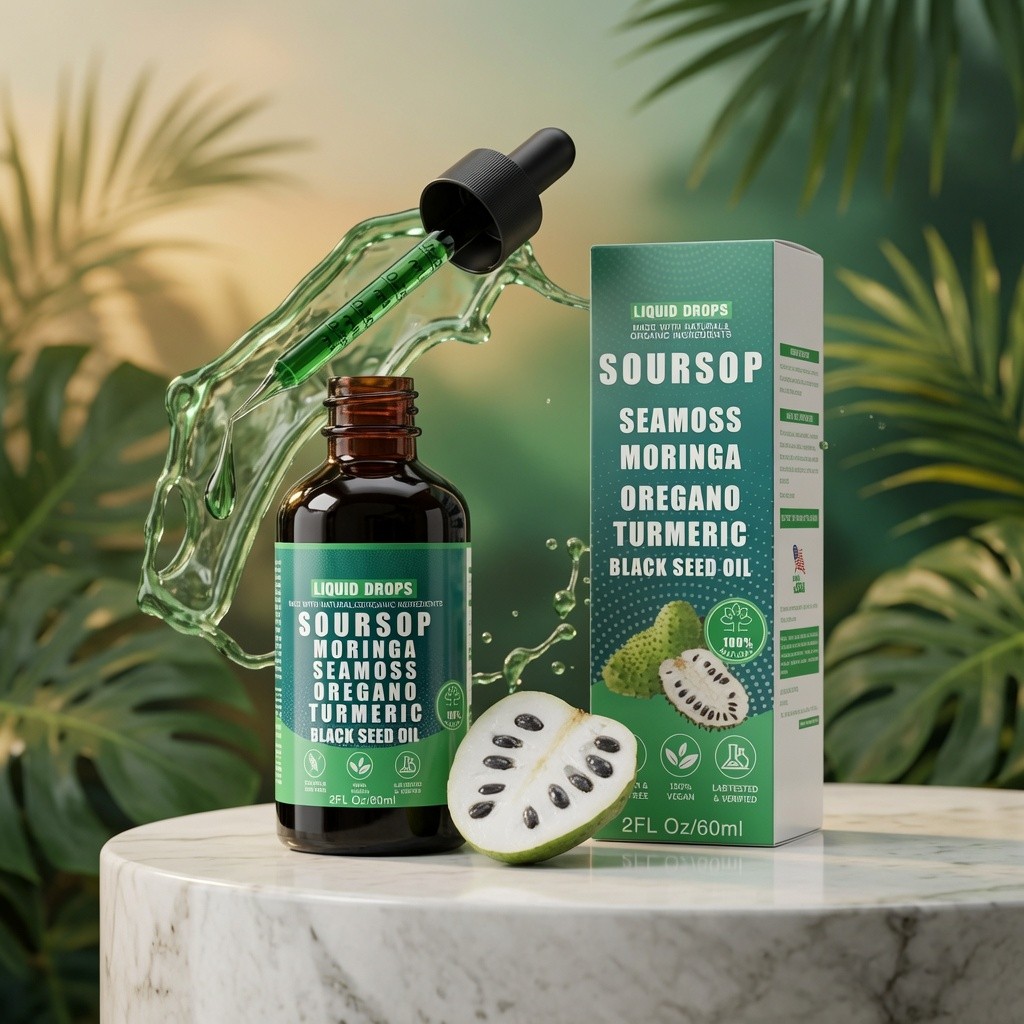 Loman Soursop Liquid Drops Seamoss Moringa Black Seed Oil 2 fl oz 60ml