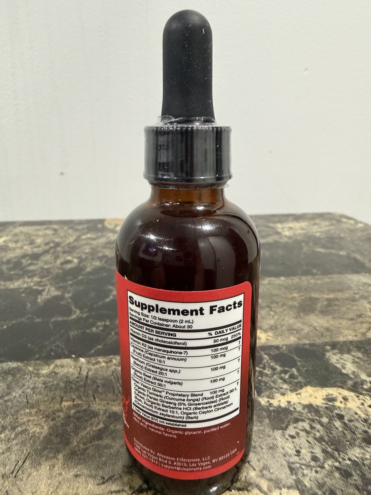 Clean Nutra Vascu Glow Liquid Drops Vitamin D3 K2 Cayenne Hawthorn Beet 2 fl oz
