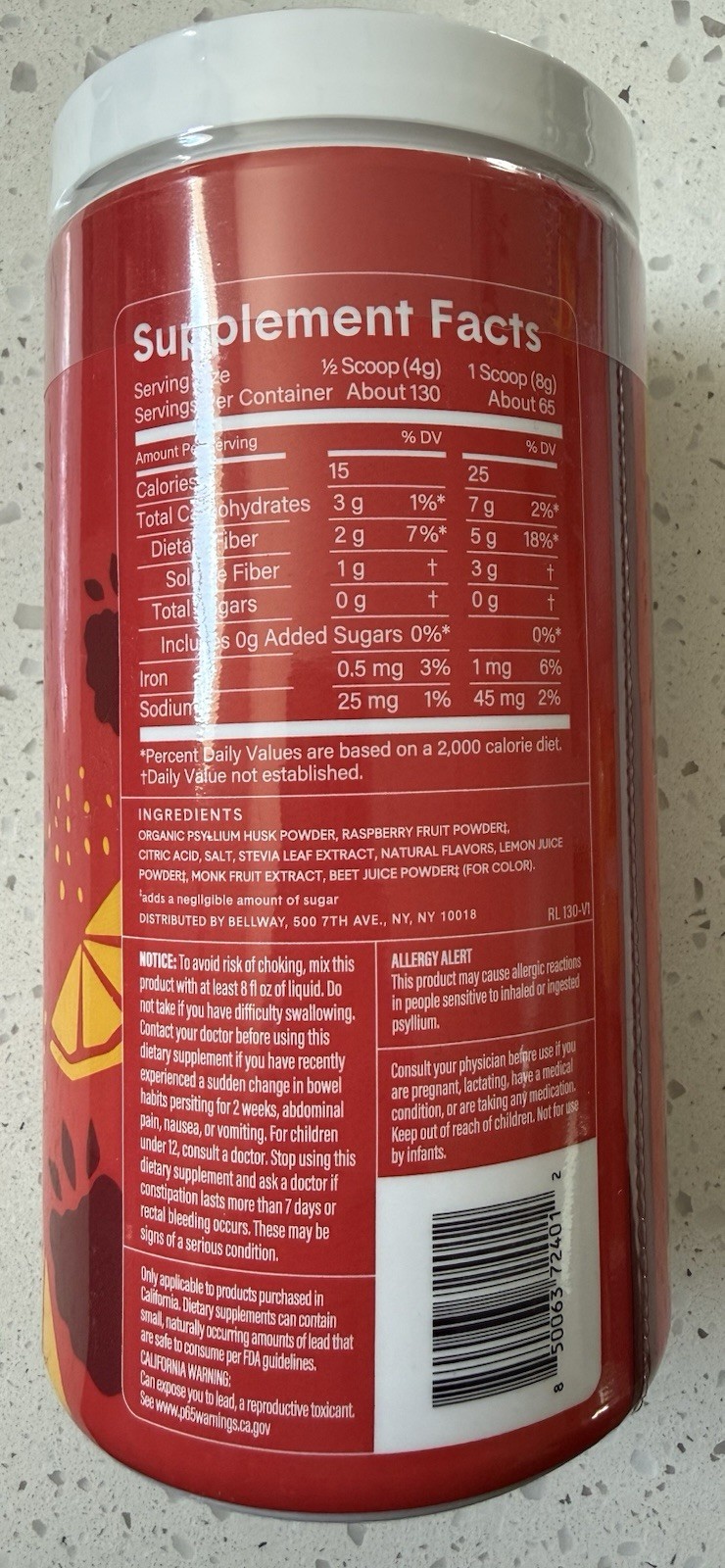 Bellway Super Fiber + Fruit Psyllium Raspberry Lemon 18 oz Exp 09/26