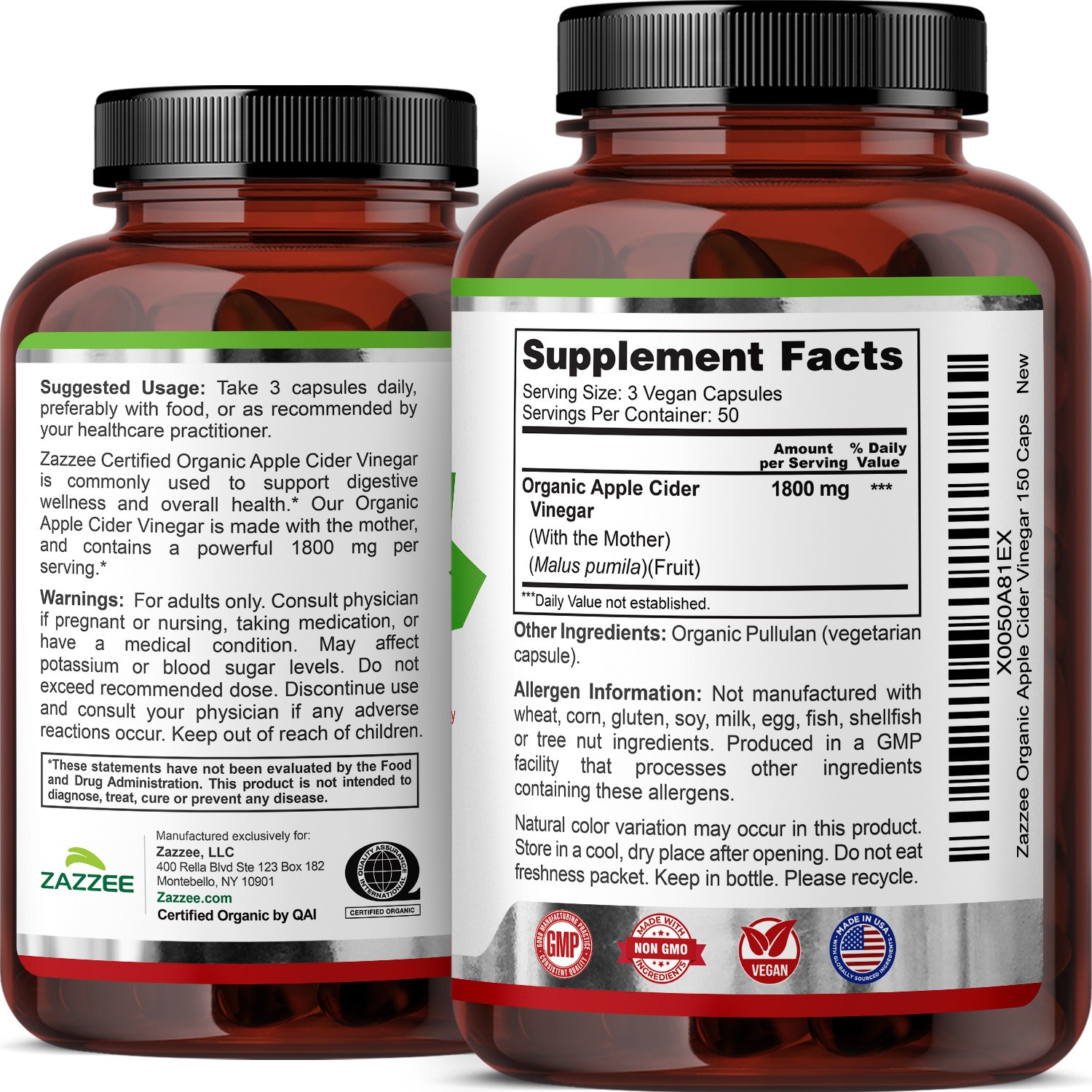 Zazzee USDA Organic Apple Cider Vinegar, With the Mother, 1800 mg per Serving
