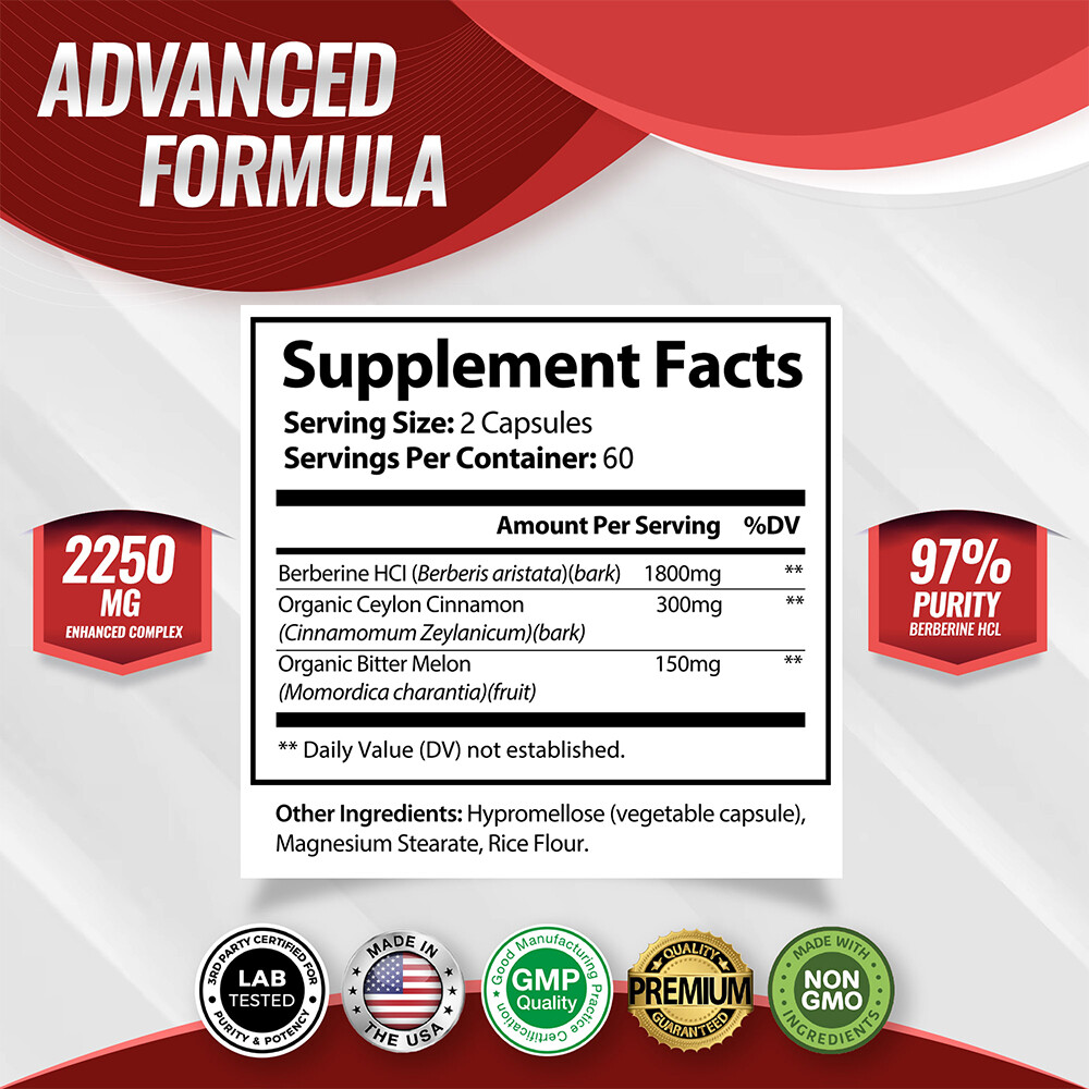 Premium Berberine HCL 2250mg High Potency Immune Health, Blood Sugar Support
