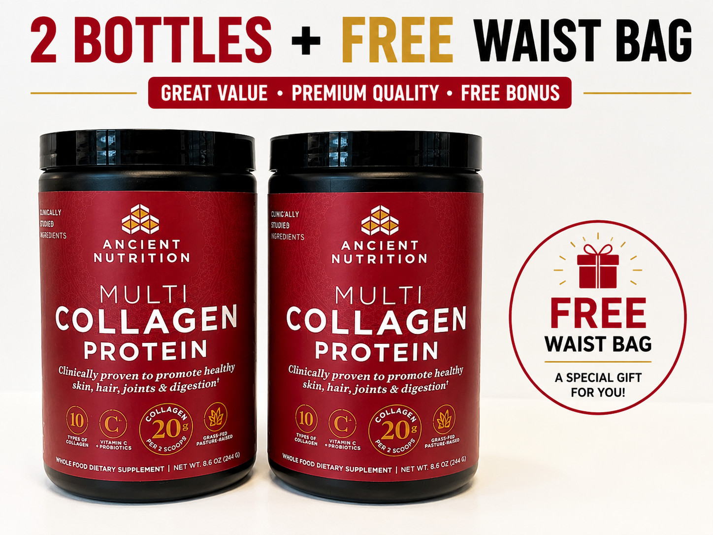 2 Bottles Ancient Nutrition Multi Collagen Protein Powder 8.6oz