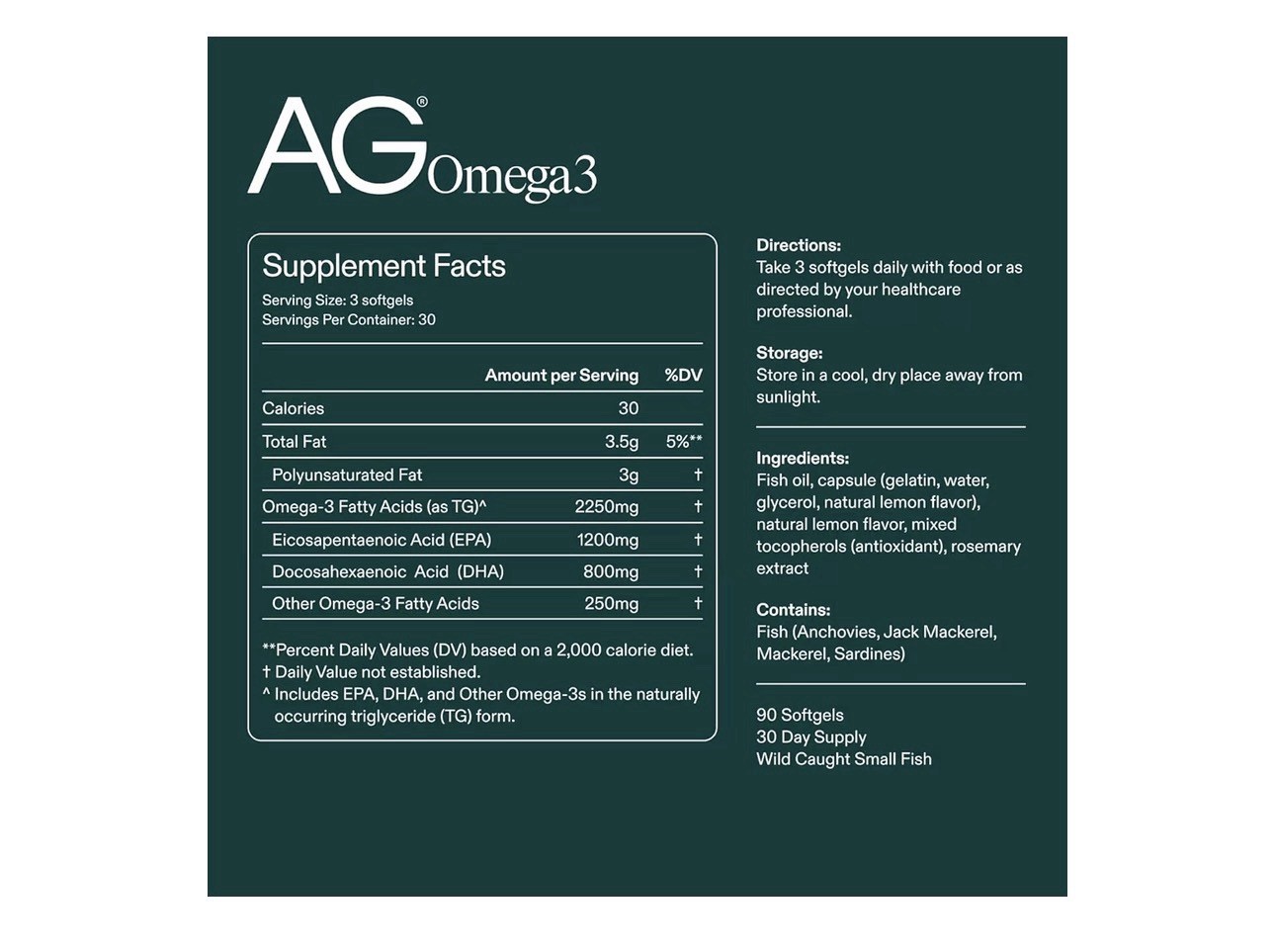 AG Omega-3 Supplement 90 Softgels Wild Caught Small Fish EPA DHA Lemon Flavor
