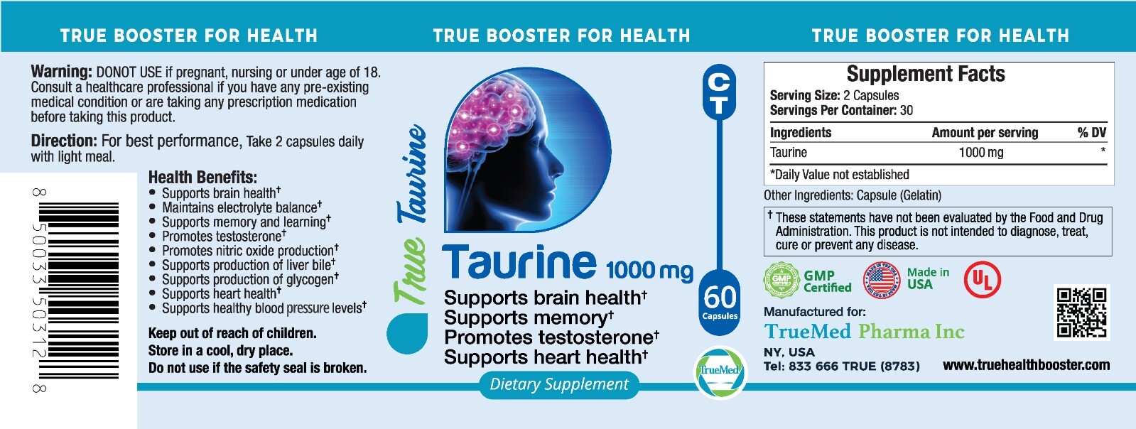 TrueMed Taurine 1000 Mg Supplement 60 Capsules