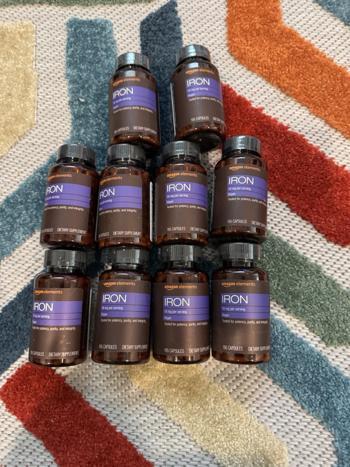 LOT OF 10 BOTTLES NEW Amazon Elements Iron 18mg 195 Vegan Capsules Exp 6/26 WOW!