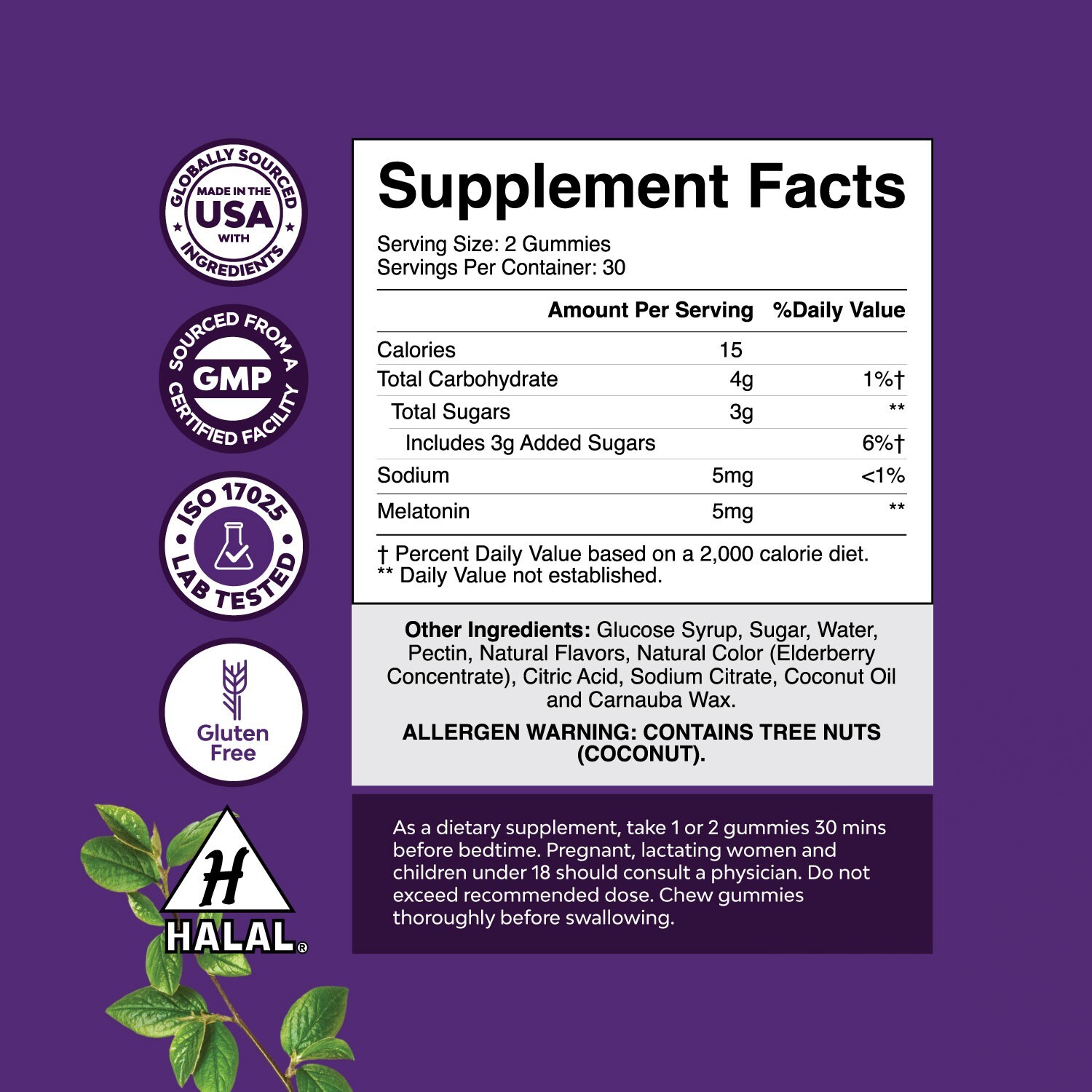 Melatonin 5mg Per Serving Natural Gelatin Free and Halal Melatonin Gummies 60ct