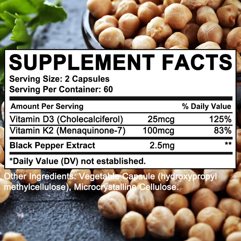 Vitamin K2 (MK7) 100mcg with D3, Black Pepper Capsules, Immune Health