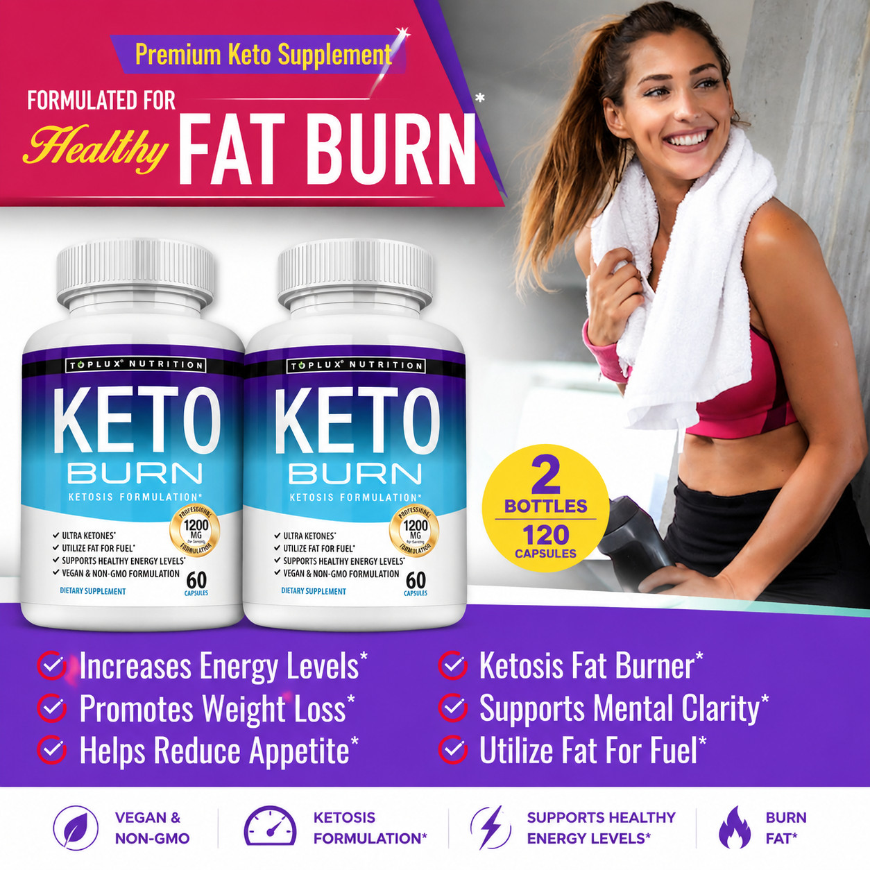 Keto Diet Support Supplement Energy & Focus Capsules 120 Count 2 Bottles