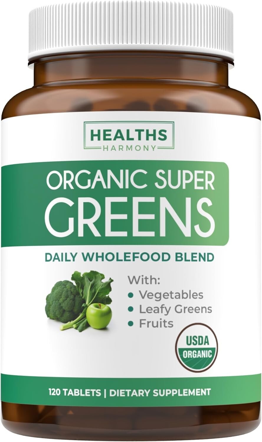 Health’s Harmony USDA Organic Greens, 120 Tablets Convenient Pills Energy Gut
