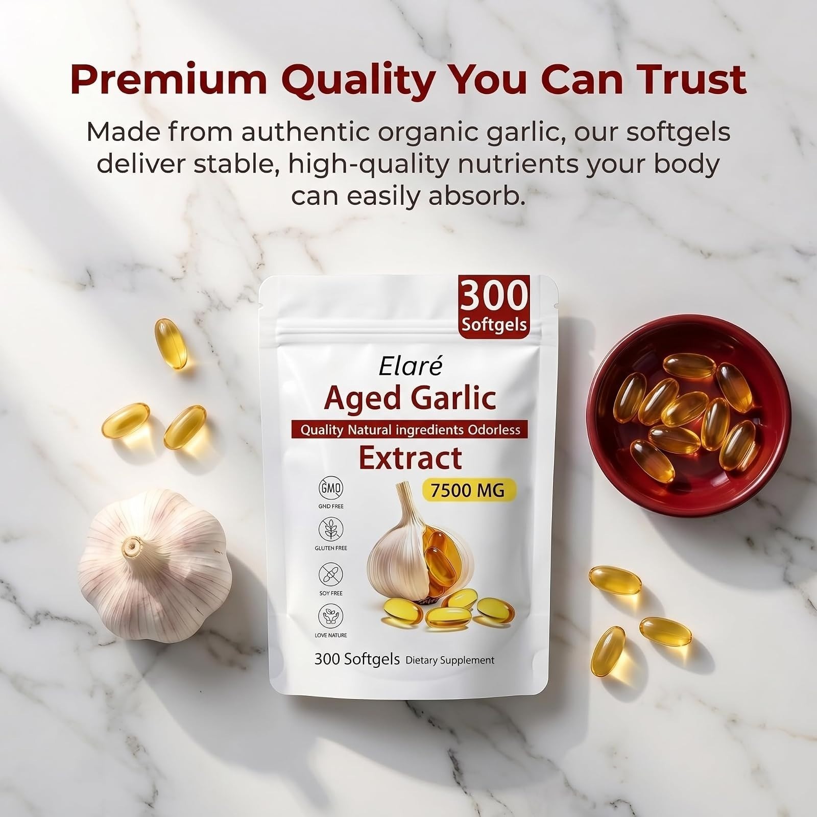 Elare Aged Garlic Extract Softgel Capsules | Heart & Immune Support 300 Count
