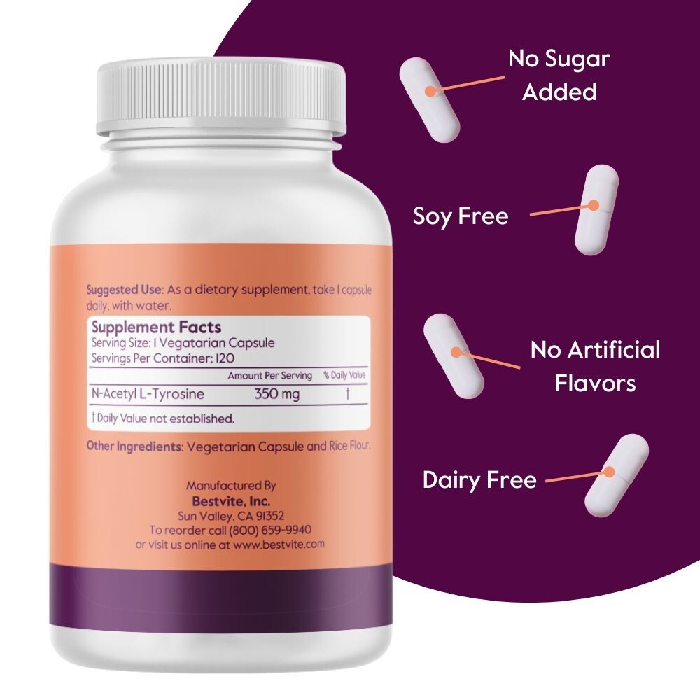 N-Acetyl L-Tyrosine 350mg (NALT)(120 Capsules)No Stearates-Non GMO-Gluten Free