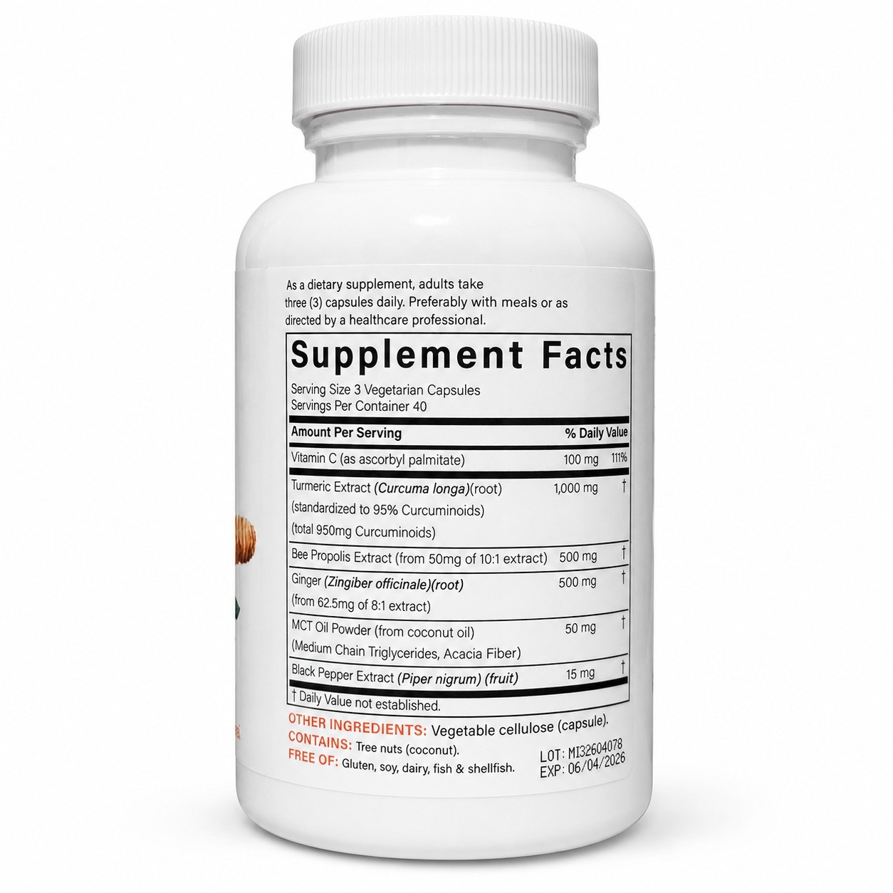 Turmeric Curcumin 95% 1000mg 120 Caps Vegetarian Gluten-Free