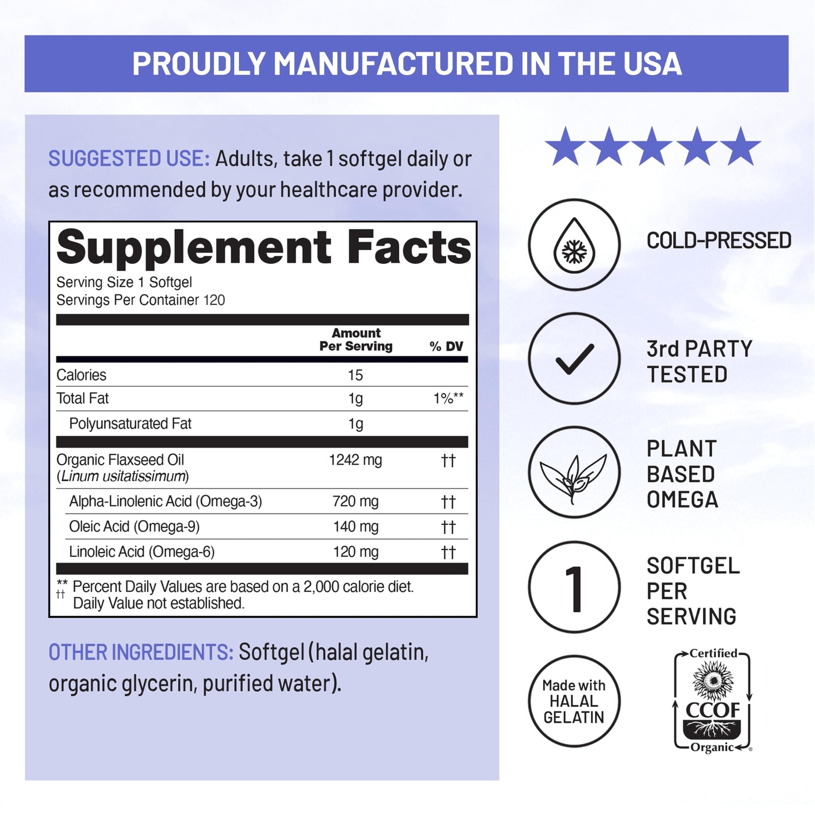 NatureWise Flaxseed Oil 1200 mg, Fish Free Omega 3 120 Count (Pack of 1), Tan
