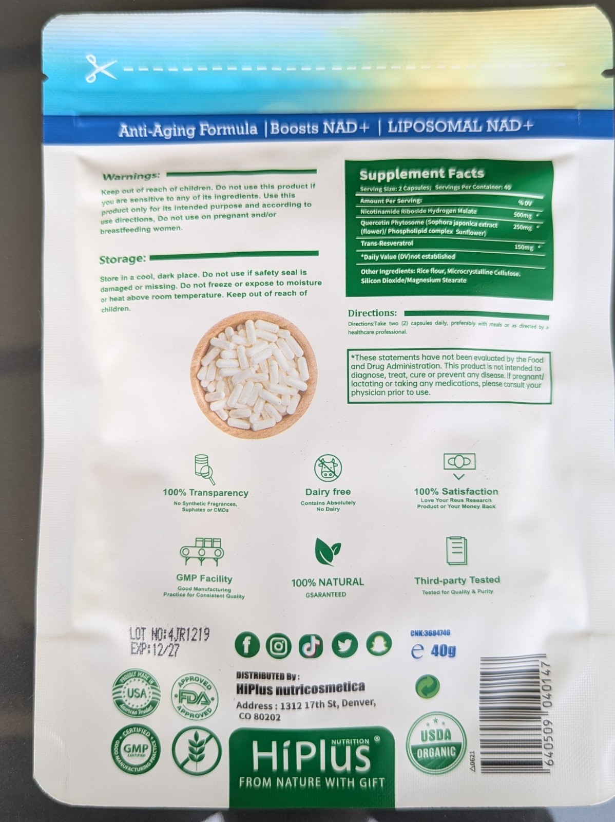 HiPlus Liposomal NAD+ Riboside 900mg + Resveratrol 80 Caps Exp 12/27