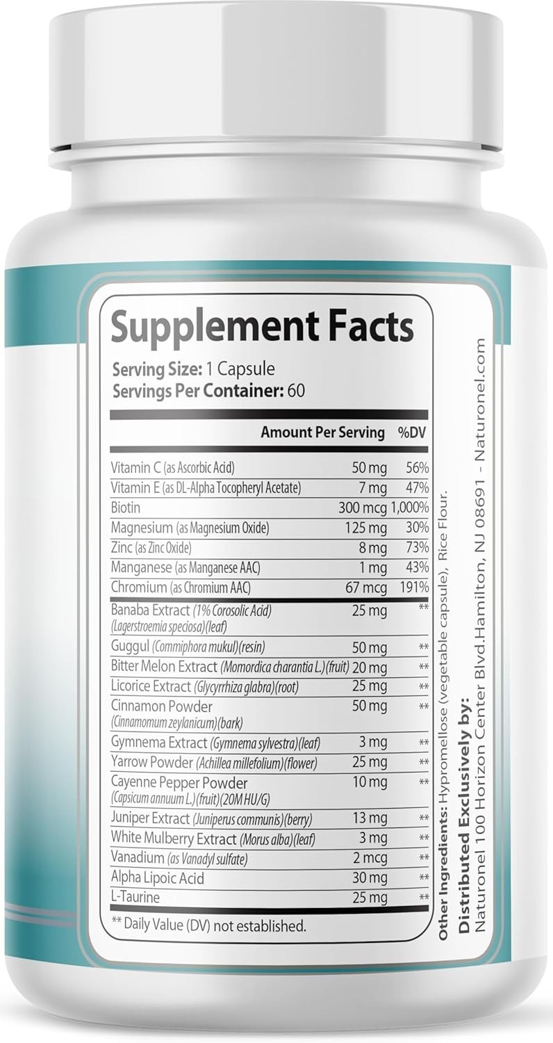Naturonel Blood Sugar Formula, Healthy Metabolism, 60 Capsules, Made in USA