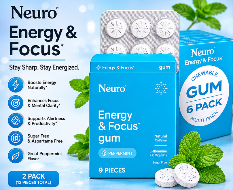 2 Pack Neuro Energy Focus Gum Natural Caffeine Nootropic Chewing Gum