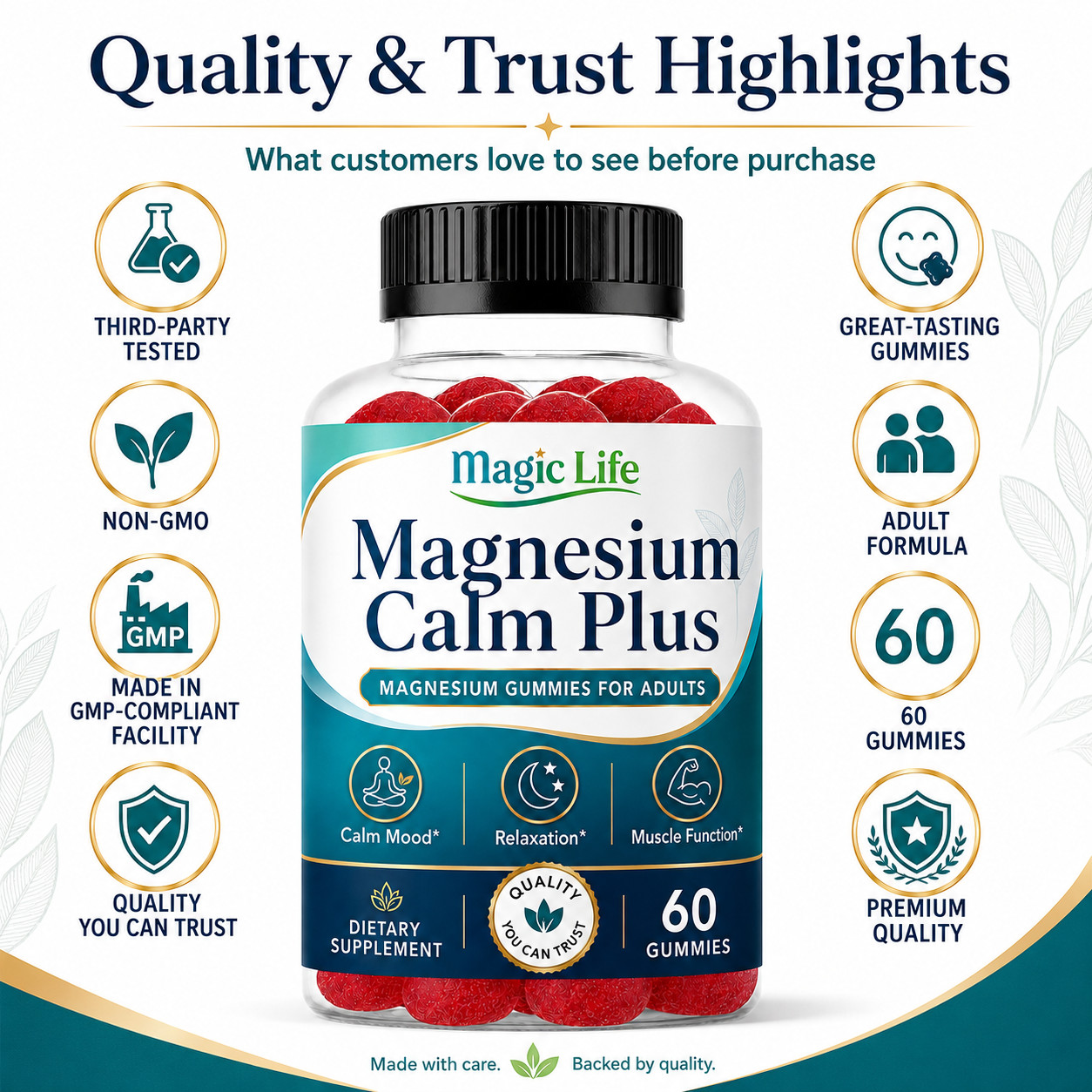 High Absorption Magnesium Citrate Gummies for Adults- Calm Mood, Relax Mind 60ct
