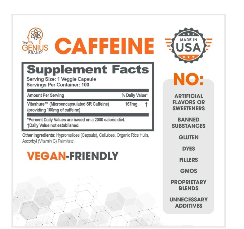 The Genius Brand, Genius Caffeine, 3 PACK, 100 mg, 100 Veggie Capsules 300 total